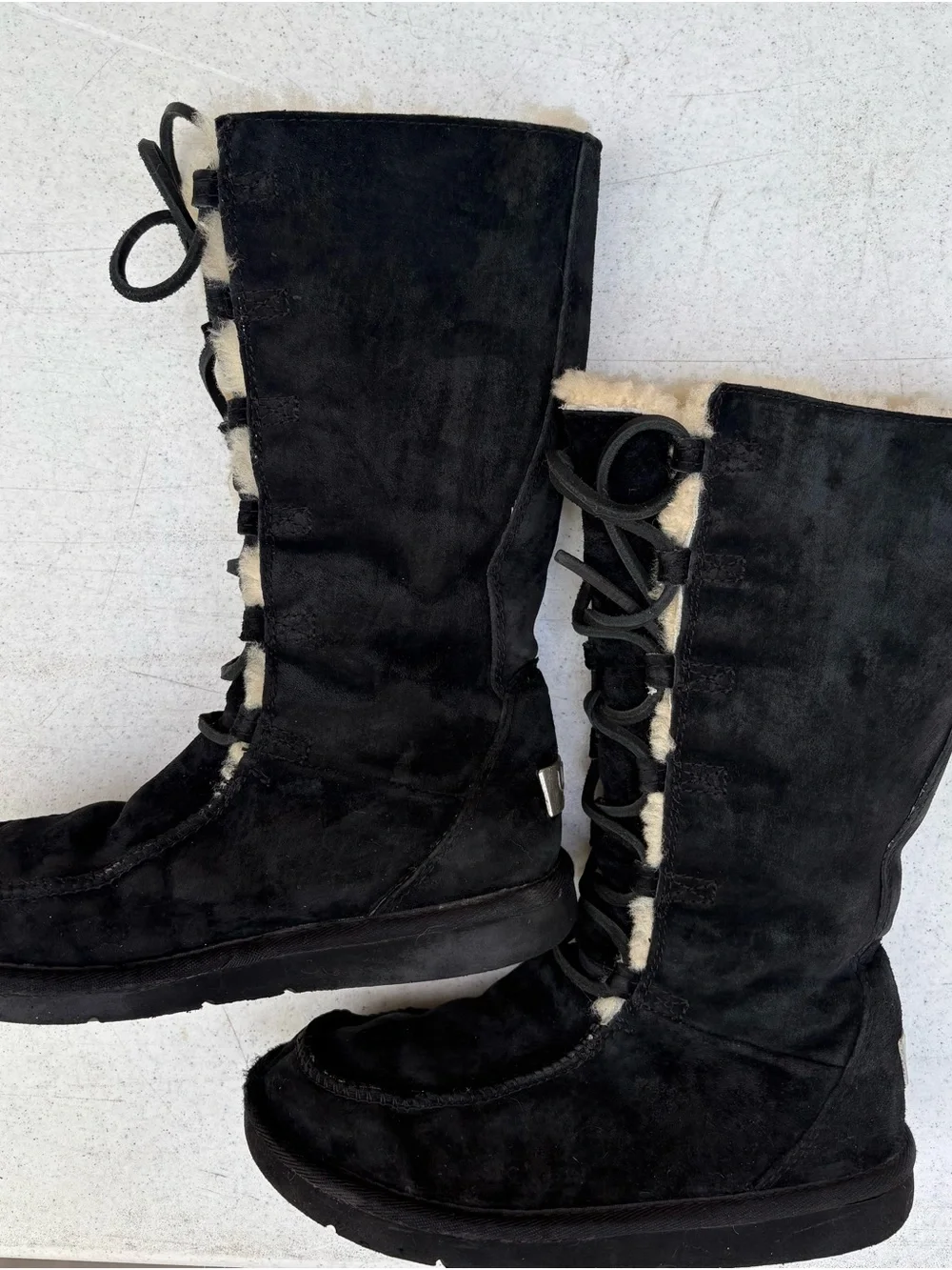 UGG Black Suede Lace-Up Mid-Calf Shearling Boots